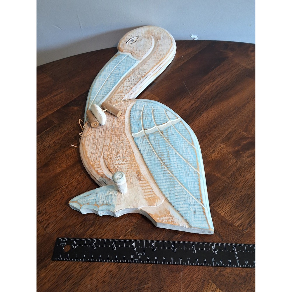 Hand Carved Wooden Pelican Wall Art Coastal Nautical Distressed Blue White 18in - Picture 4 of 8